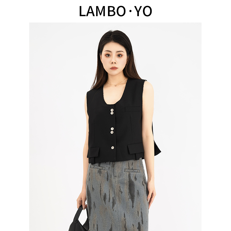 LAMBOYO2025春季新款U领小众设计感毛边休闲马甲百搭时尚