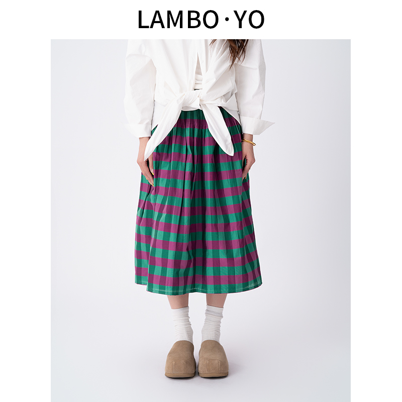 LAMBOYO撞色格子百褶半身裙