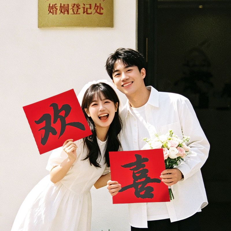 结婚订婚拍照道具领证喜字卡片摆拍神器婚礼求婚领证拍摄手举牌卡
