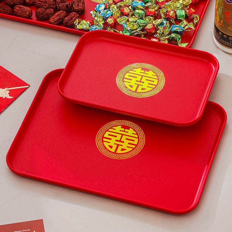 敬酒茶盘果盘结婚红色红盘子长方形托盘塑料乔迁新居喜庆婚礼喜盘