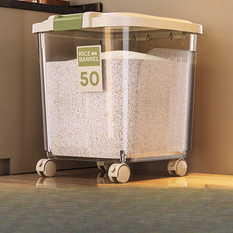 50斤米桶家用加大号防虫防潮密封储存收纳面粉食品级带轮米箱米缸