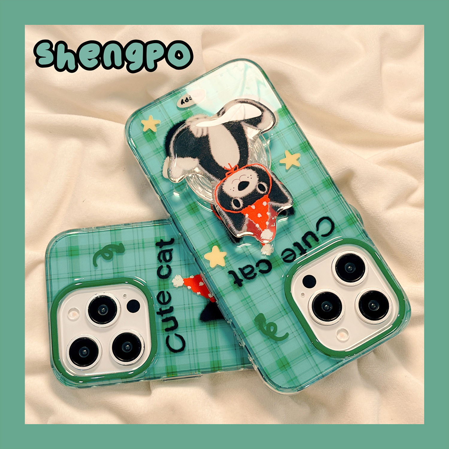 绿色格纹卡通黑色猫咪支架手机壳