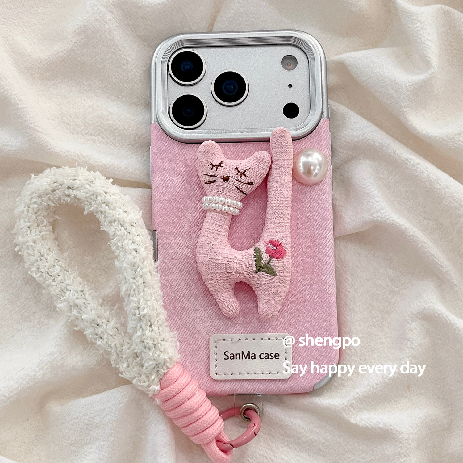 粉色立体猫咪珍珠手机壳牛仔布