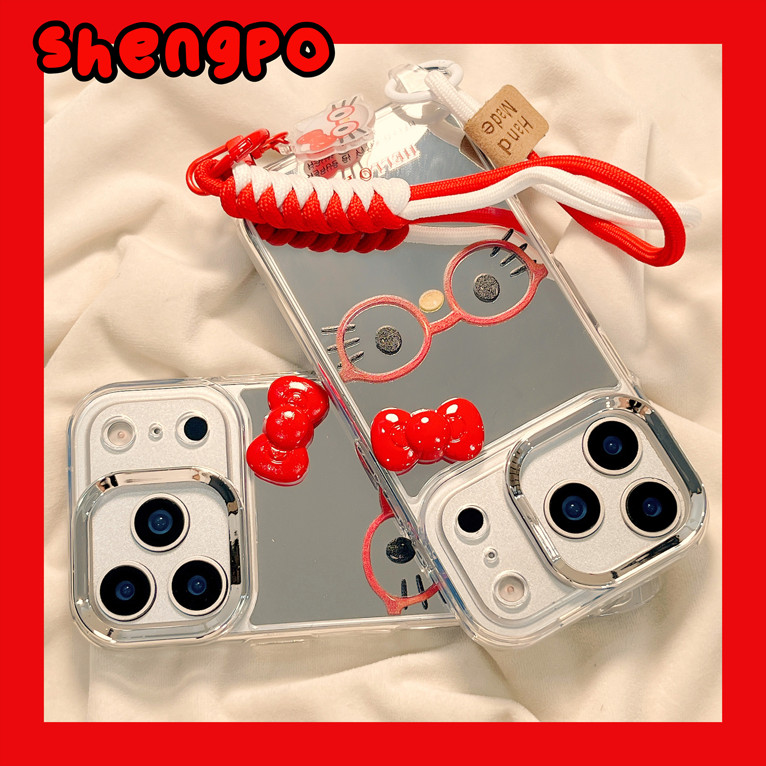 镜面眼镜hellokitty适用苹果16手机壳蝴蝶结iphone17promax新款17镜子16promax带挂绳15pro可爱14Pro女13全包