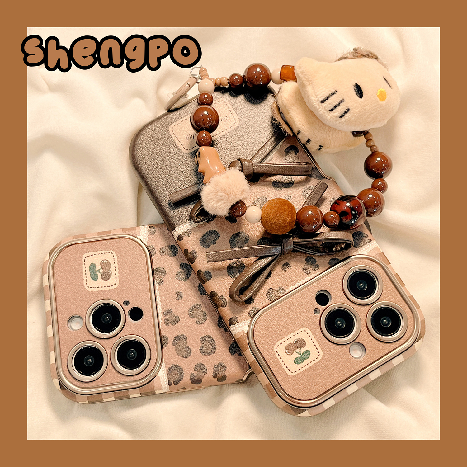 皮质豹纹立体蝴蝶结手机壳带手链