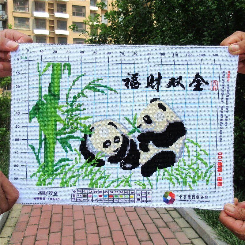 出售纯手工绣好的十字绣成品福财双全熊猫图动物新款客厅小幅简单