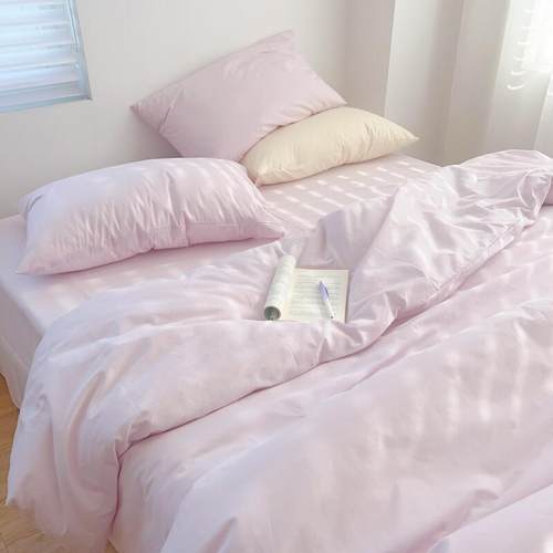 ins纯色水洗棉四件套简约文艺全棉被套床上三件套1.5m1.8床单床笠