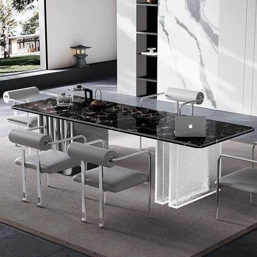 意式极简天然奢石茶桌现代简约家用大板茶台椅组合高级感别墅茶桌