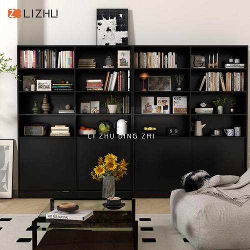 北欧黑色组合书柜整墙杂志架书架置物展示柜书房客厅收纳柜定制
