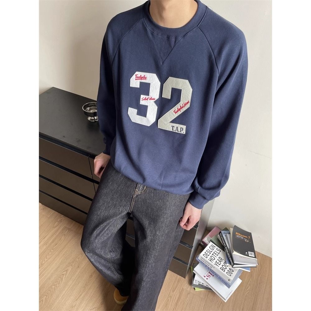 美式复古数字贴布绣圆领球服卫衣男宽松百搭高级感运动上衣