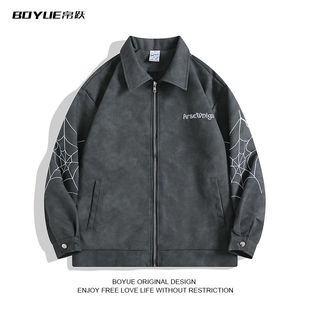 蜘蛛网刺绣皮衣外套男潮牌vibe风高级感痞帅美式 高街翻领机车夹克