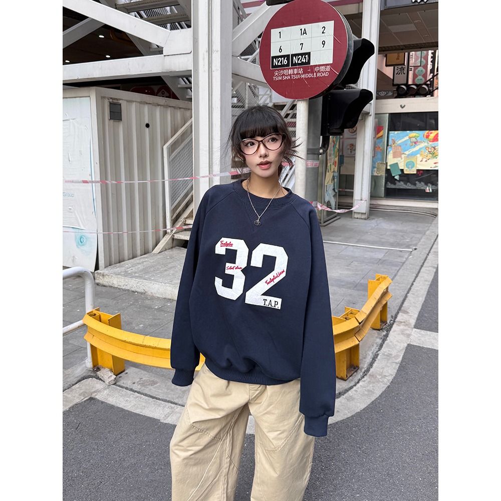 春季新款数字贴布绣美式复古卫衣女圆领休闲运动风长袖情侣款