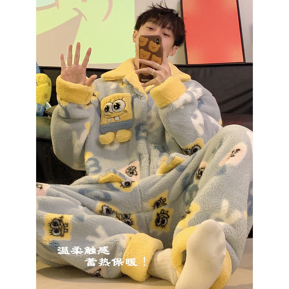 睡衣男秋冬季珊瑚绒加厚加绒青年卡通海绵宝宝男士大码家居服套装
