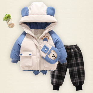 全棉纯棉男童冬装洋气棉衣儿童冬季加绒加厚棉服套装小宝宝棉袄棉