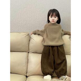女童灯芯绒灯笼裤加绒秋冬男童宝宝毛衣套装长裤洋气儿童收脚裤子