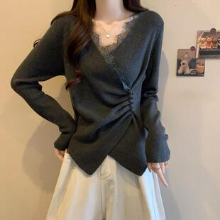 大码不规则v领针织打底衫女秋冬毛衣内搭胖mm收腰显瘦蕾丝边上衣