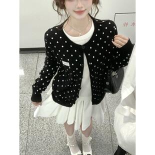 早秋黑色波点圆领假两件针织开衫女秋2025新款小个子初秋毛衣外套