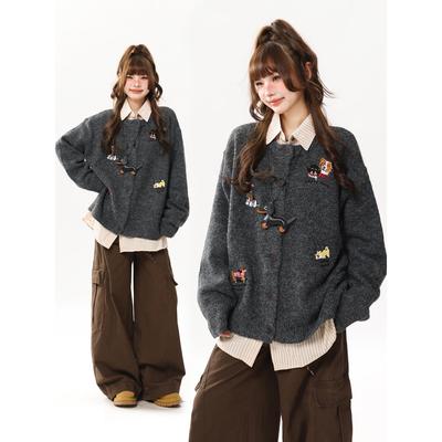 AONW可爱小狗刺绣韩版宽松针织开衫女秋季2025新款覆古毛衣外套