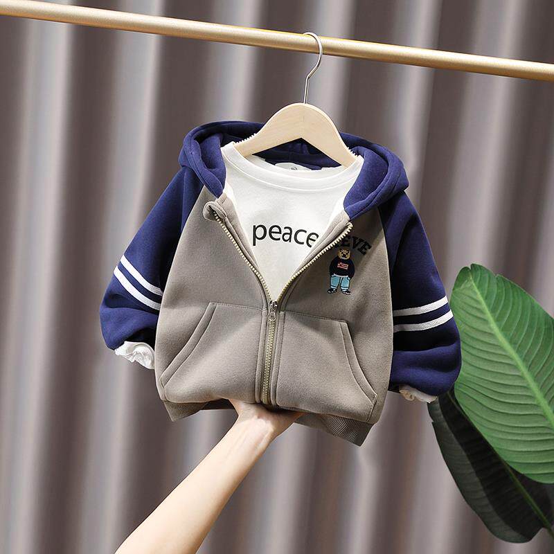 男童秋冬加厚外套23新款儿童宝宝洋气加绒连帽卫衣小童保暖上衣潮