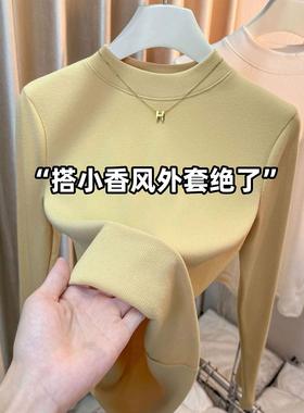 秋冬新款磨毛加绒半高领黄色内搭打底衫女修身显瘦螺纹T恤上衣潮