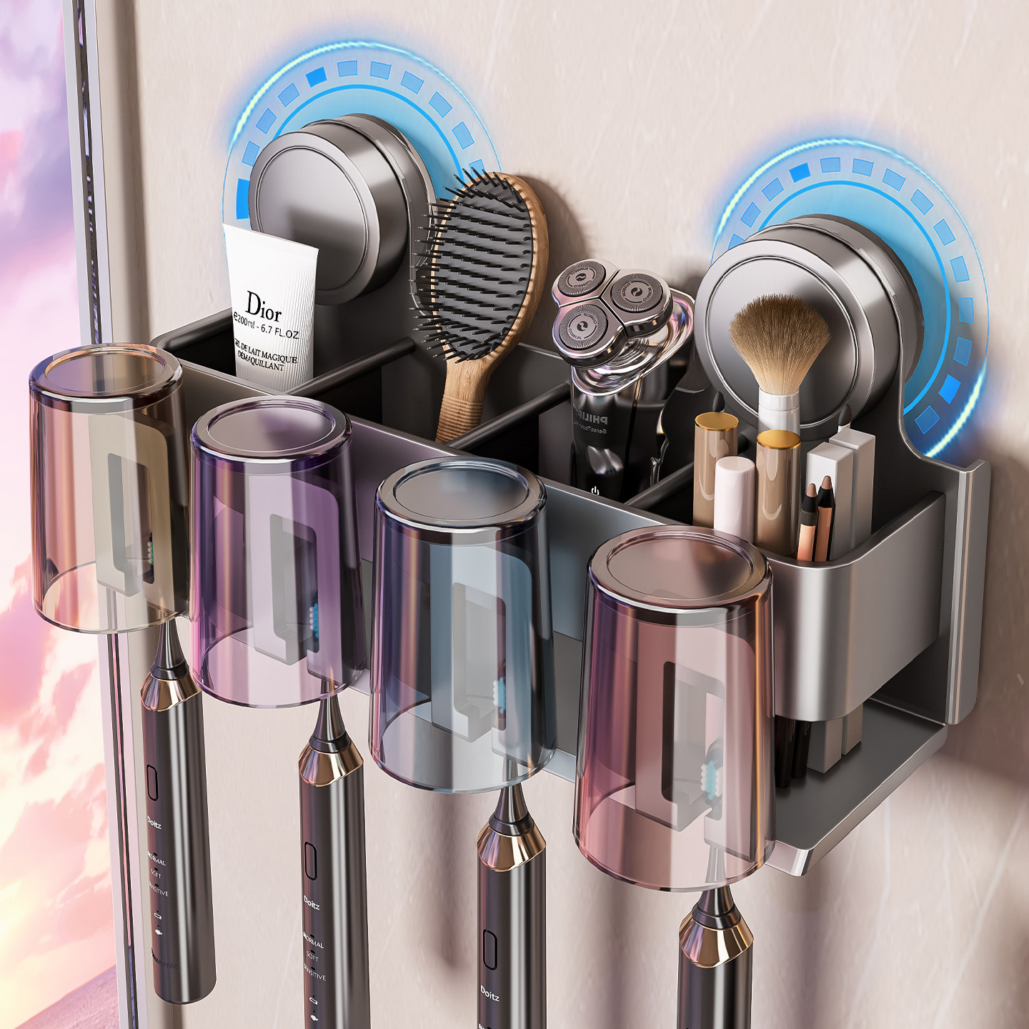 百悍吸盘牙刷置物架漱口杯牙刷杯架壁挂式免打孔卫生间浴室挂架