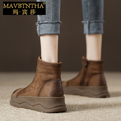 玛宾莎2025秋冬新款厚底头层牛皮马丁靴女士单靴真皮短靴加绒女鞋