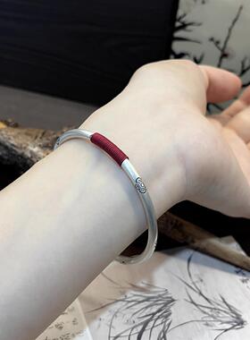 ESEELMI 足银999复古梅花纯银实心闭口手镯生日礼物女生银镯子