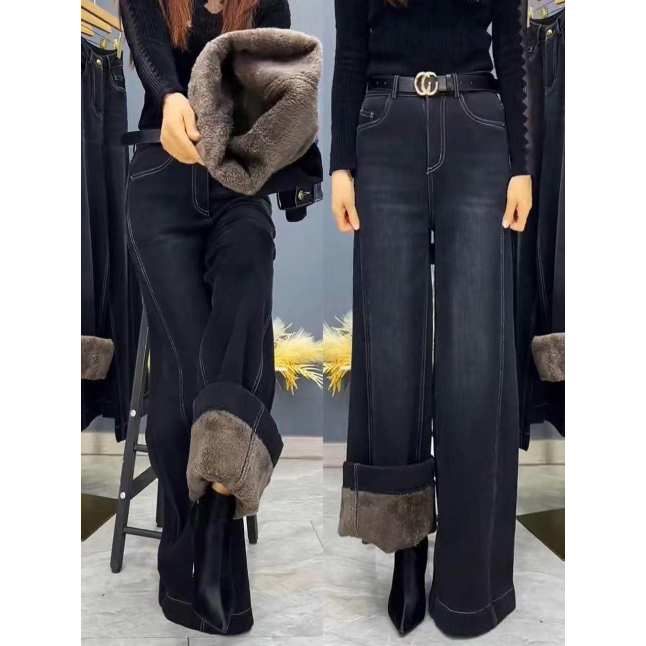 加绒加厚阔腿牛仔裤女2025秋冬新款九分裤保暖裤羊羔绒高腰大甩裤