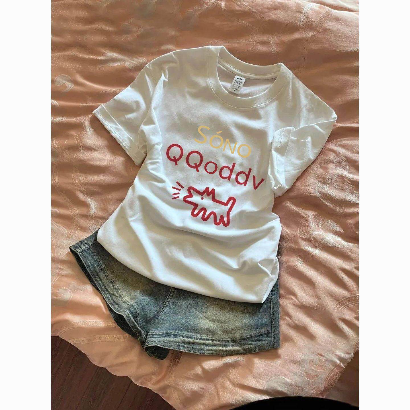 中大童装夏季套装女小众设计白色短袖t恤上衣+高腰牛仔短裤两件套