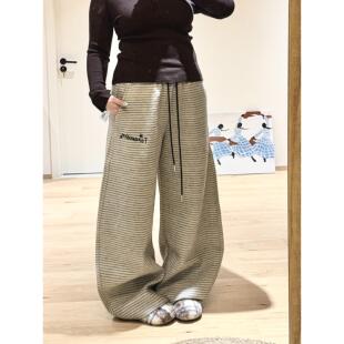 Breeze布梨子 美式覆古慵懒感条纹休闲男女落地垂感宽松弯刀卫裤