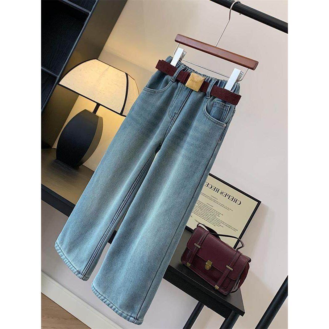 女童直筒喇叭加绒牛仔裤冬中大童装一体绒休闲长裤阔腿裤百搭宽松