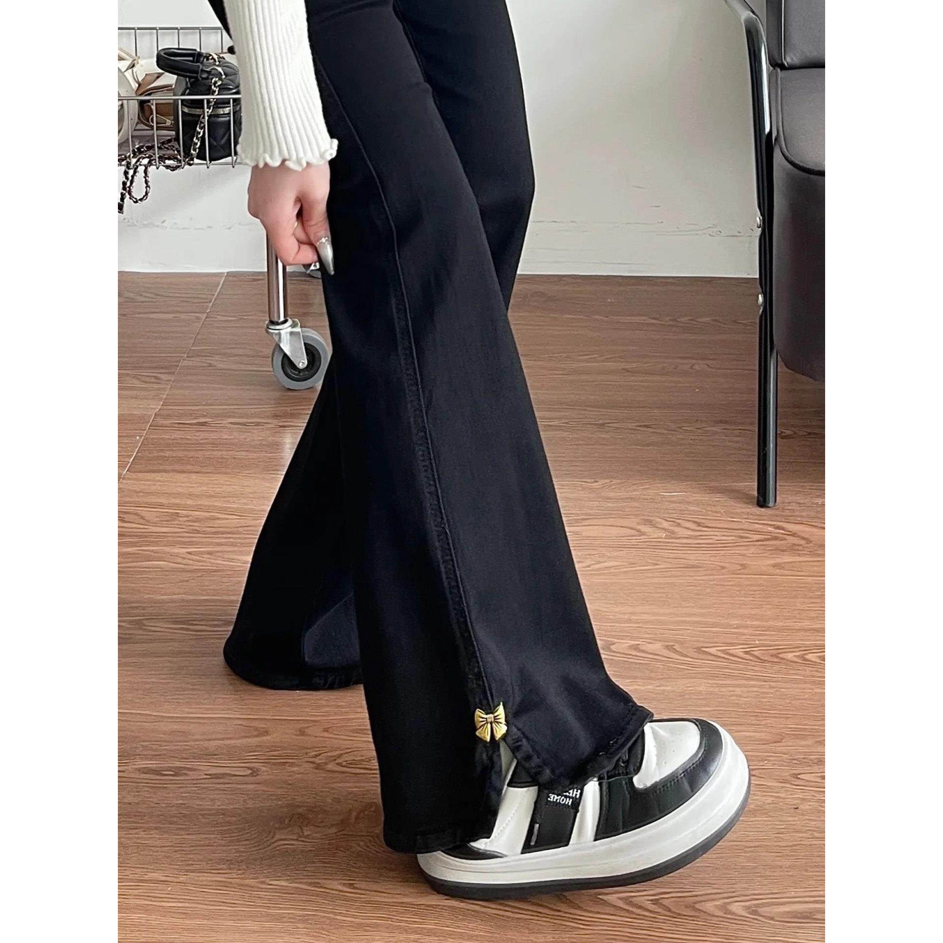黑色开叉微喇牛仔裤女2025秋冬加绒加厚胖mm显瘦高腰梨形身材裤子