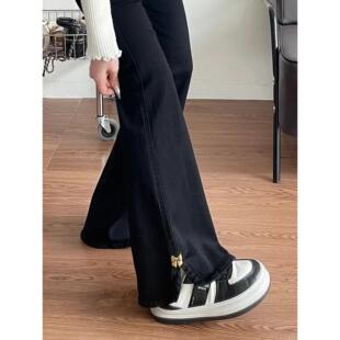 黑色开叉微喇牛仔裤女2025秋冬加绒加厚胖mm显瘦高腰梨形身材裤子