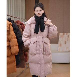 羽绒服中长款收腰抽绳羽绒服女手套款韩版宽松冬季外套