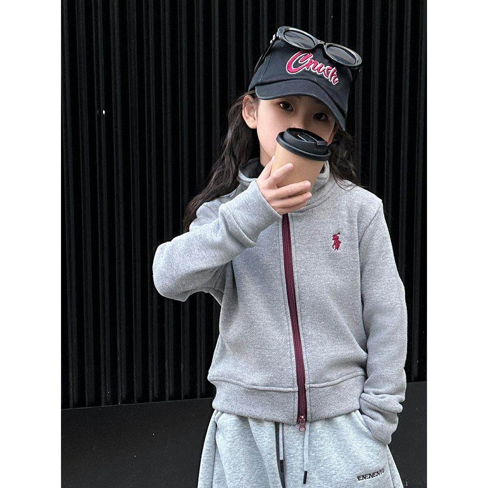 女童春秋卫衣外套加绒卫裤套装新款校服内搭加厚两件套男童上衣潮