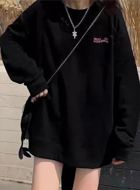 黑色美式高街圆领女孩运动衫，春季，秋季和冬季2025新款，宽松的