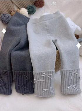 2024女童冬季加绒加厚韩系宝宝甜美蝴蝶结百搭保暖打底裤外穿长裤