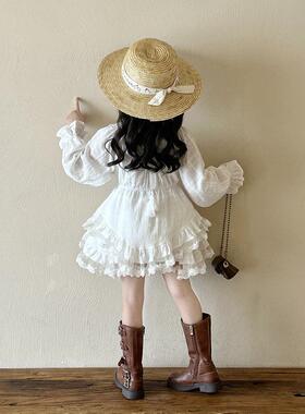 女孩白色长袖不对称蛋糕裙2025春季新生女婴灯笼袖仙女裙公主裙