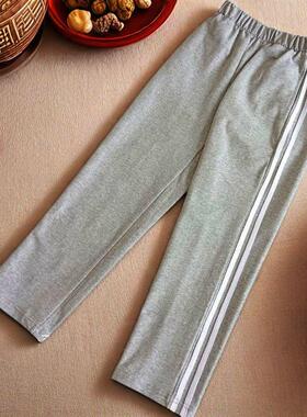 双条纹浅灰色校服裤双白色条纹初中学生小学儿童运动裤春、秋羊毛