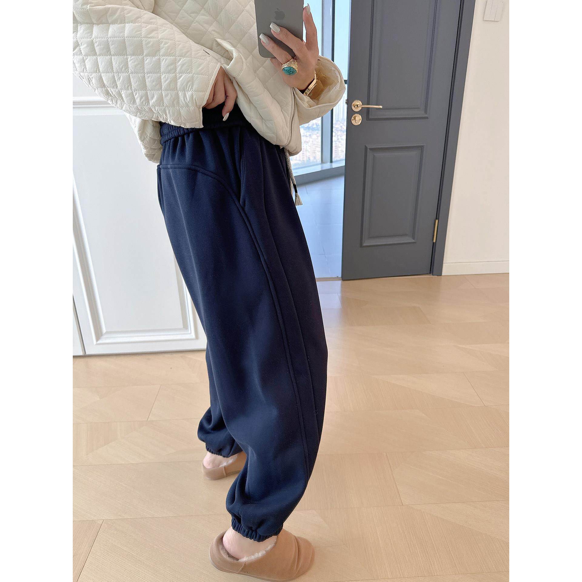 加绒高腰显瘦束脚裤大码女装秋冬季200斤胖mm宽松休闲运动卫裤子