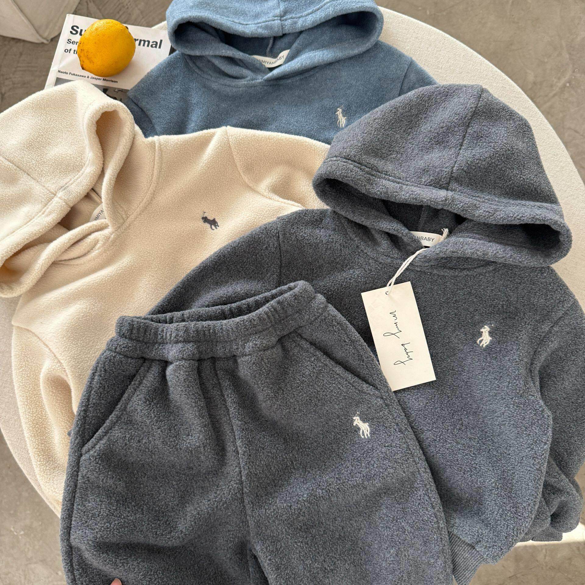 儿童加绒卫衣套装纯色冬季男童连帽卫衣潮牌宝宝卫裤两件套女加厚