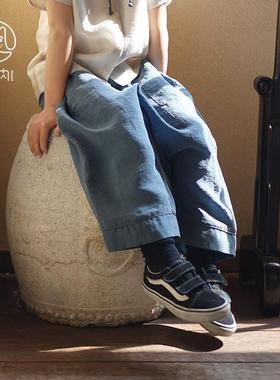 2025春夏新品新中式蓝色裤子男女宝宝休闲裤单层九分裤