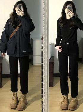 黑色直筒牛仔裤女小个子秋冬加绒大码胖mm高腰弹力显瘦九分烟管裤