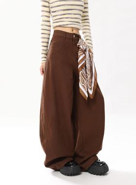 AONW美式覆古棕色休闲裤女秋季设计感宽松阔腿裤廓形剪裁送方巾