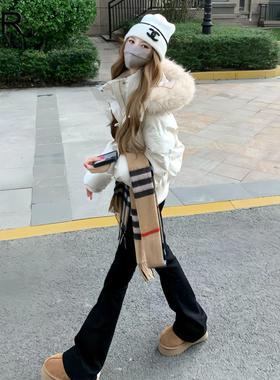 加绒黑色高腰微喇牛仔裤女冬季2025新款修身显瘦辣妹风马蹄喇叭裤