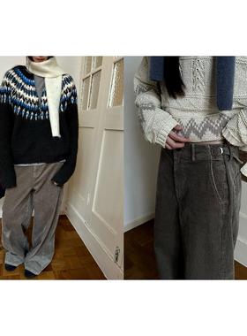 POXFFEE/奶灰咖灯芯绒休闲裤长裤女2025新款阔腿宽松bf慵懒风裤子