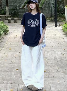 美式白色镰刀裤女2025年春夏季新款高腰阔腿弯刀裤慵懒风休闲裤子