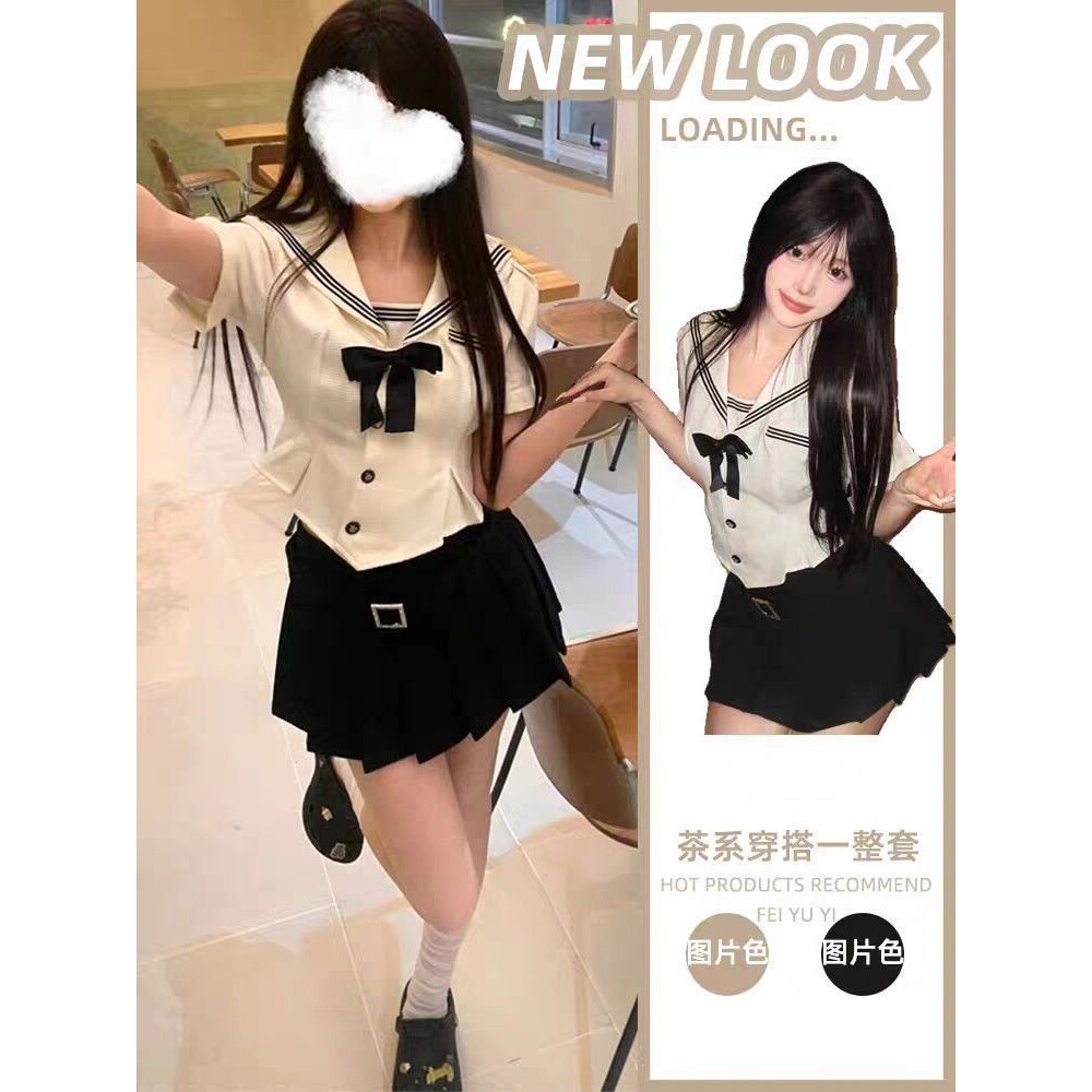 熊二jk学院风原创制服海军领少女短袖收腰上衣设计感腰带高腰短裙