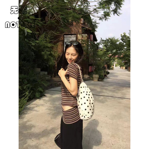 日系黑白波点帆布抽绳双肩包