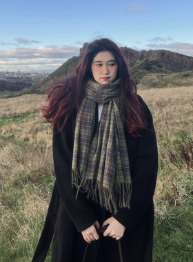 美式复古绿色格子纹围巾围脖秋冬流苏保暖披肩 无题notitle